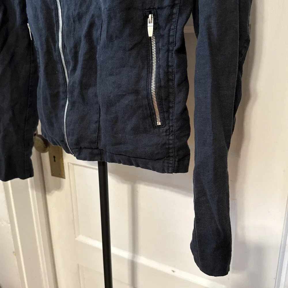 Zara Man Small Black Biker Jacket Zippers Full Zip Pockets 100% Linen